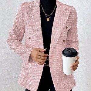 Baby Pink Elegant Women's Plain Color Double Breasted Long Sleeve Suit Jacket